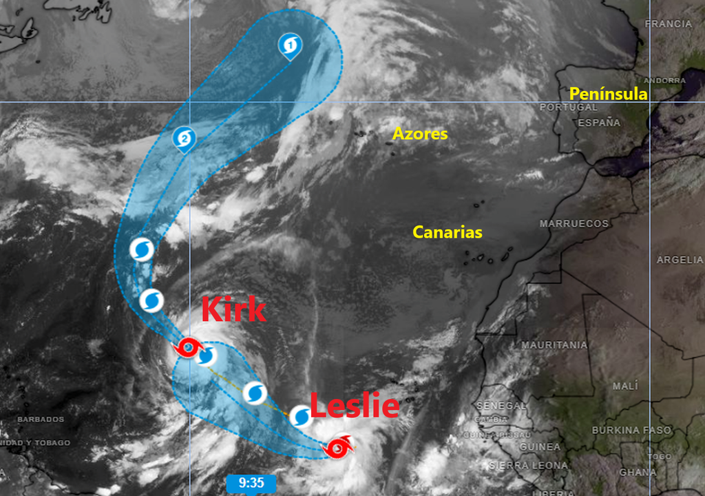 El huracán Kirk sigue en aguas abiertas del Atlántico, acompañado por la tormenta tropical Leslie