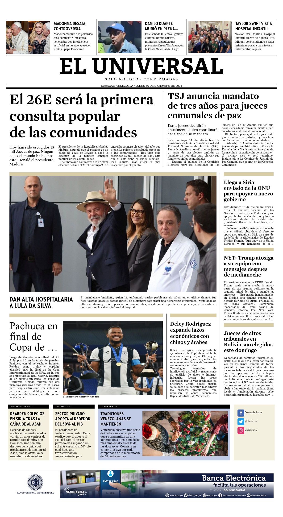 Portadas de este lunes 16 de diciembre de 2024